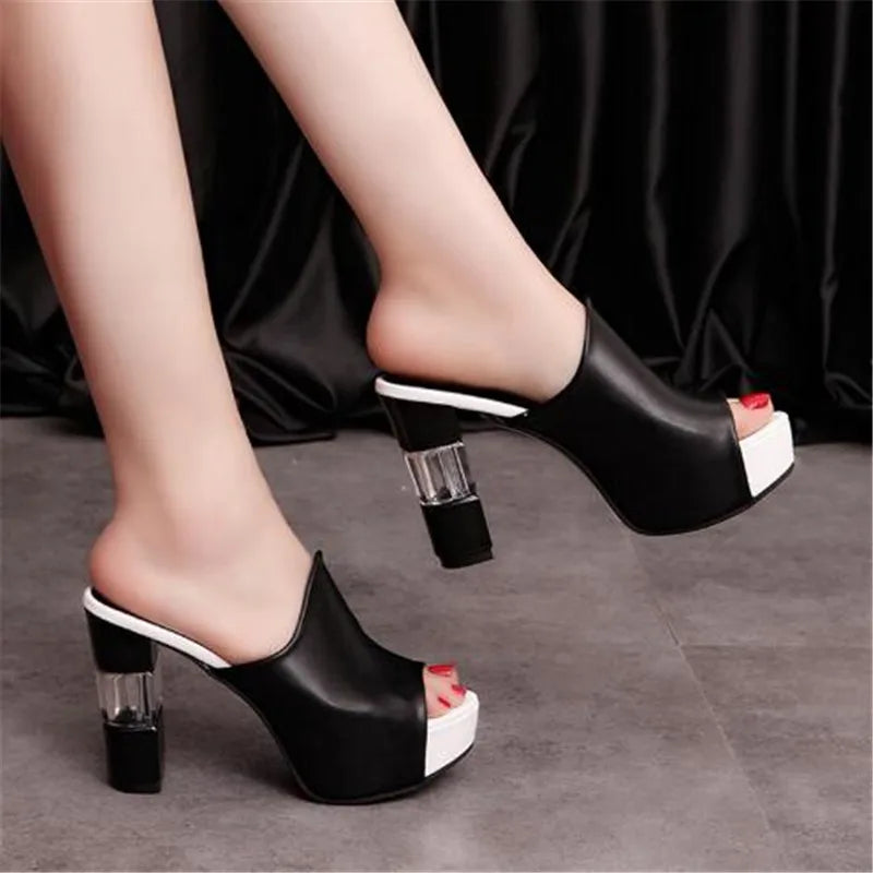 Christal - Leather Peep Toe Platform Mules