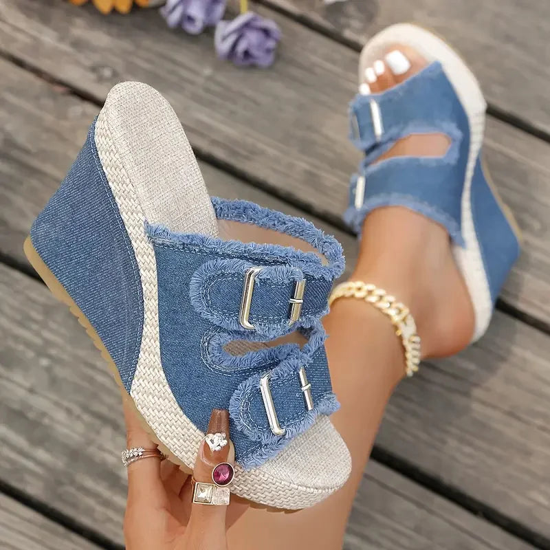 Zoya - Fray Edge Wedge Sandals With Modern Comfort Lift