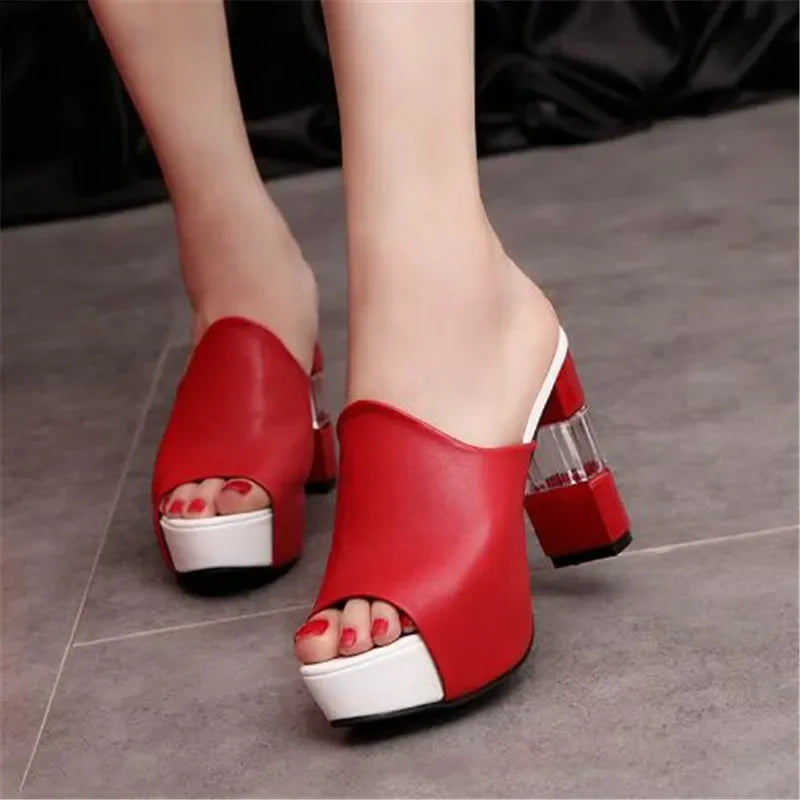 Christal - Leather Peep Toe Platform Mules