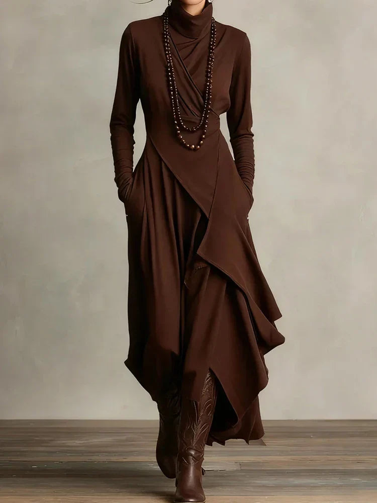 Carrie – Asymmetrical Knit Maxi Dress with Turtleneck