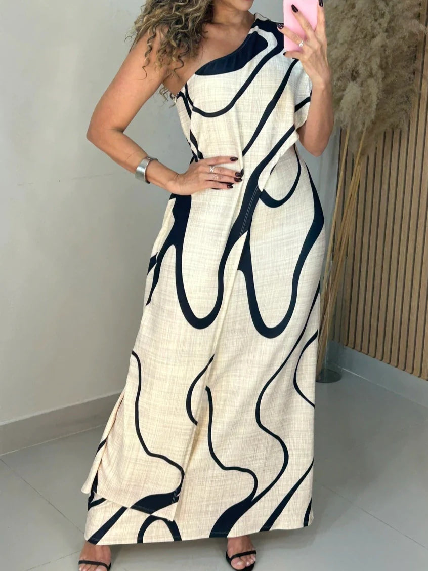 Merylle - Abstract Pattern Off-Shoulder Maxi Dress