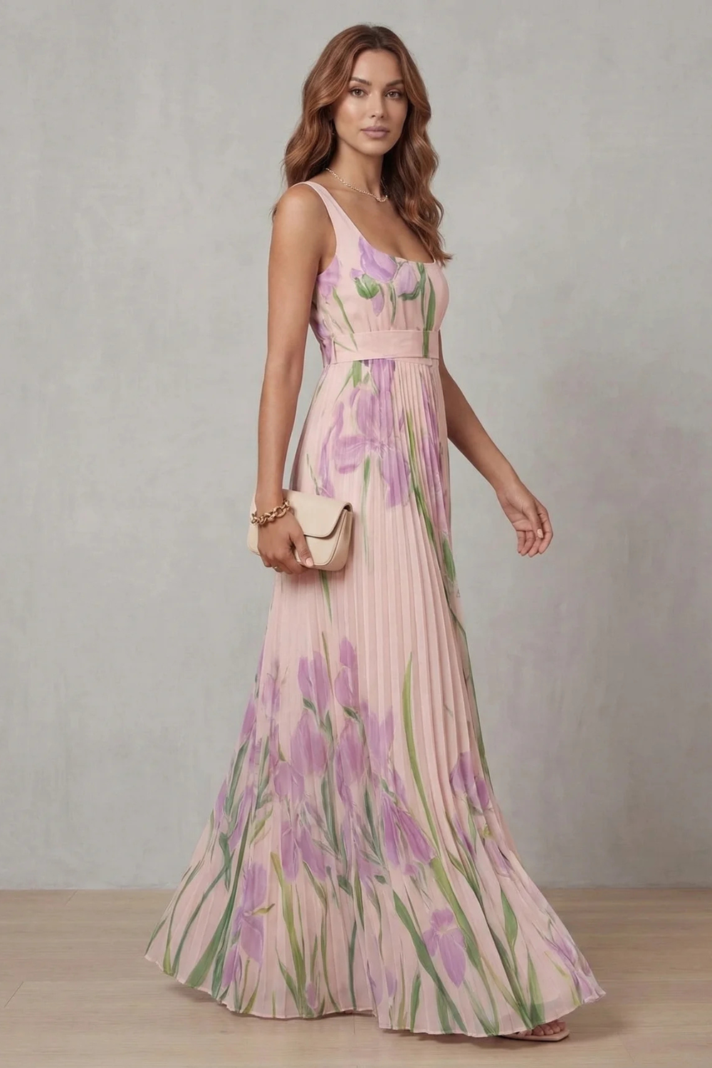 Coleen - Watercolor Floral Pleated Maxi Dress