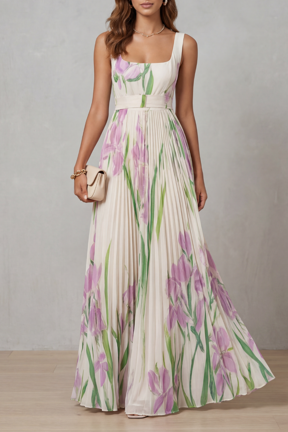 Coleen - Watercolor Floral Pleated Maxi Dress