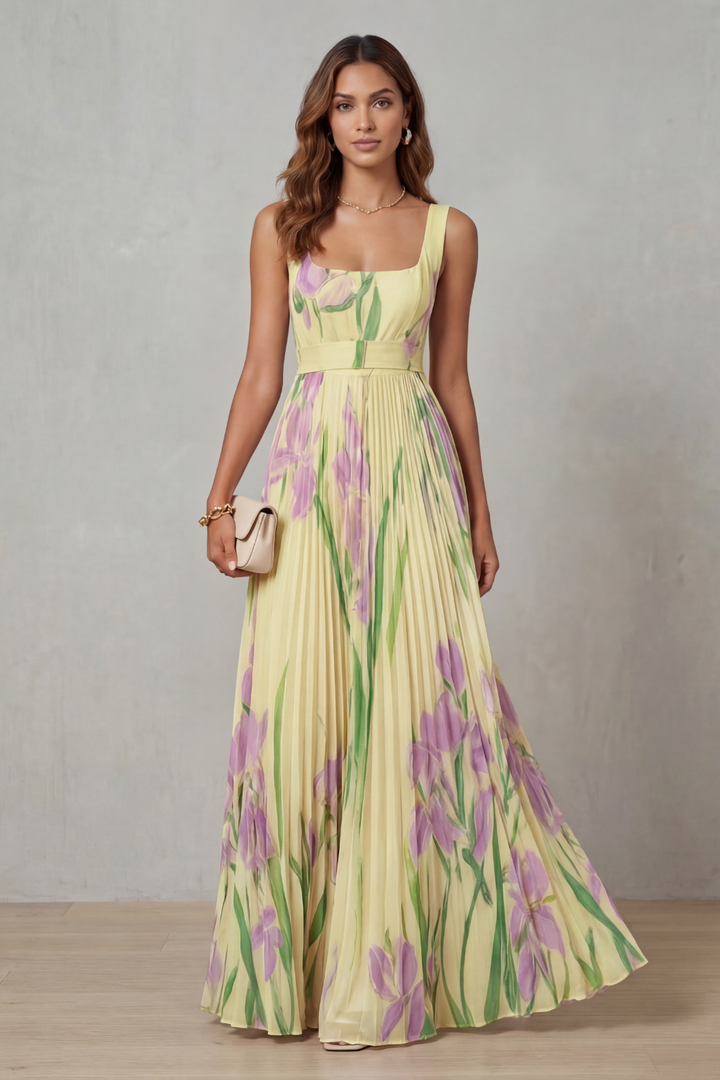 Coleen - Watercolor Floral Pleated Maxi Dress