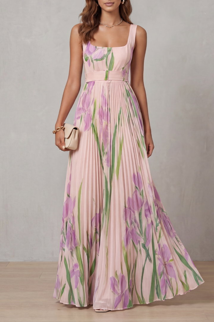 Coleen - Watercolor Floral Pleated Maxi Dress