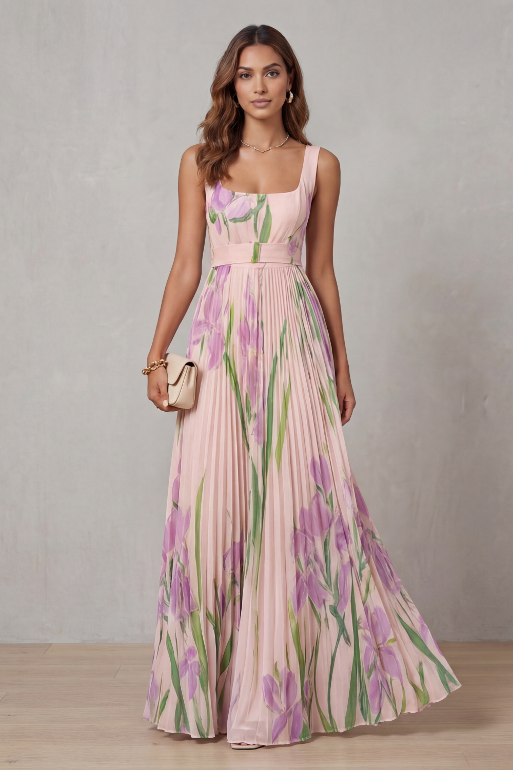 Coleen - Watercolor Floral Pleated Maxi Dress