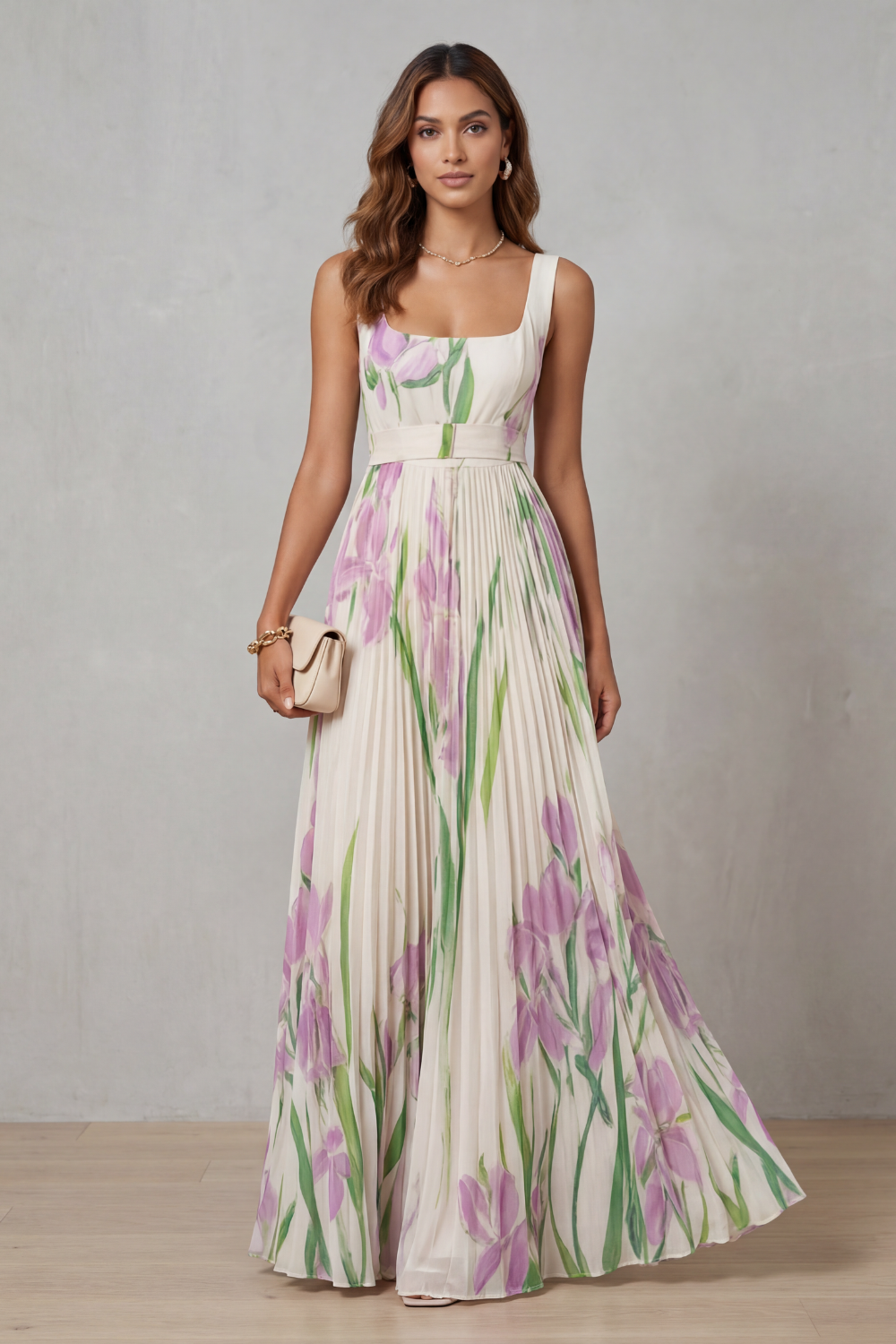 Coleen - Watercolor Floral Pleated Maxi Dress