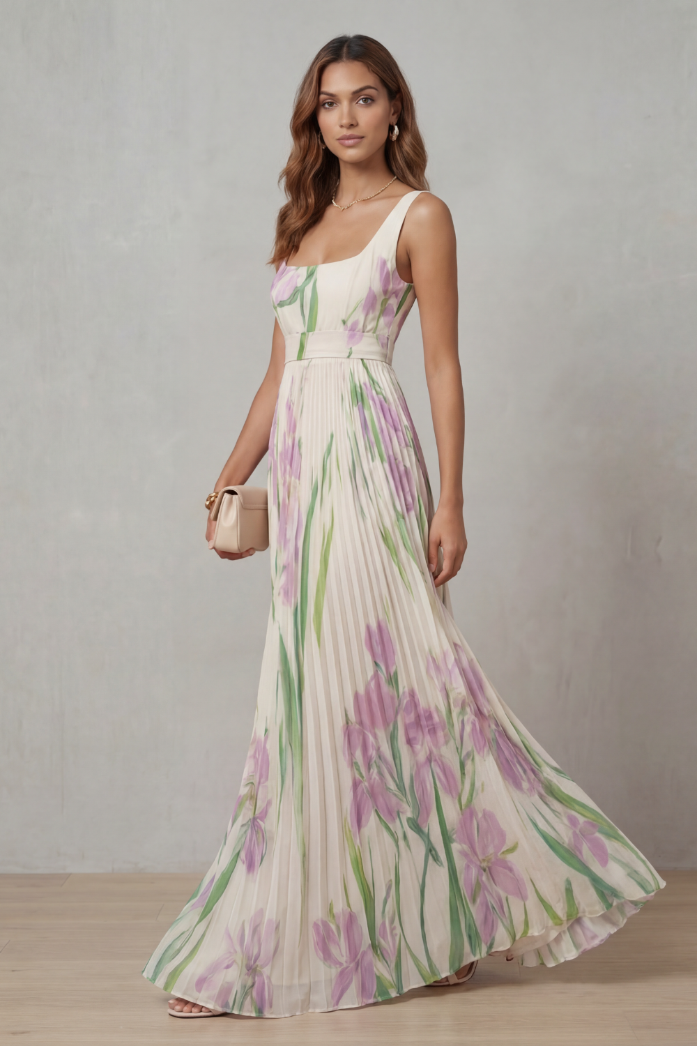 Coleen - Watercolor Floral Pleated Maxi Dress