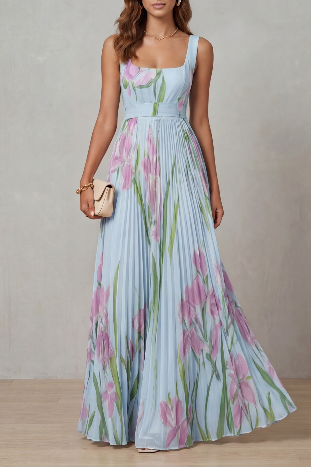 Coleen - Watercolor Floral Pleated Maxi Dress