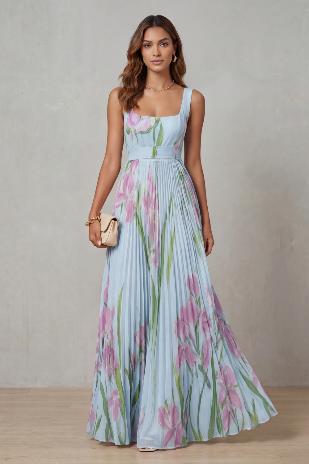 Coleen - Watercolor Floral Pleated Maxi Dress
