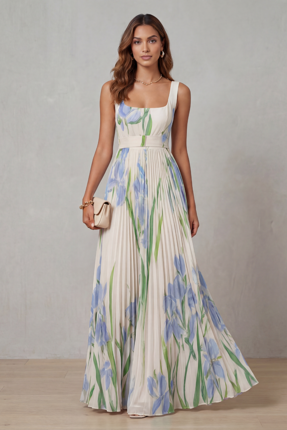 Coleen - Watercolor Floral Pleated Maxi Dress