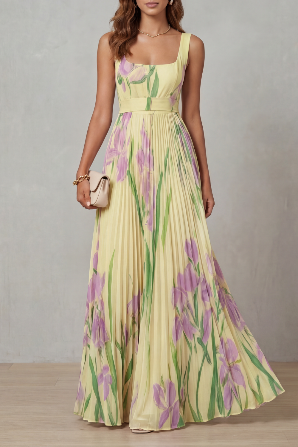Coleen - Watercolor Floral Pleated Maxi Dress