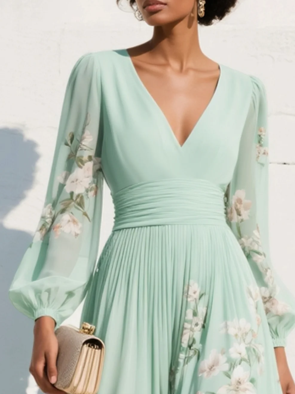 Merryl - Mint Green V-Neck Chiffon Midi Dress