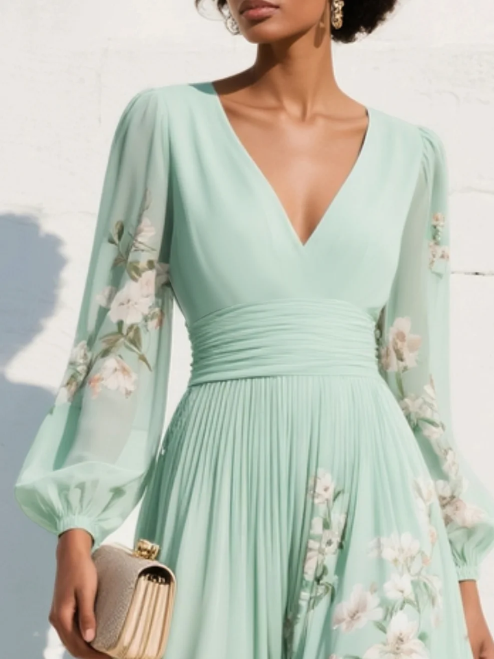 Merryl - Mint Green V-Neck Chiffon Midi Dress
