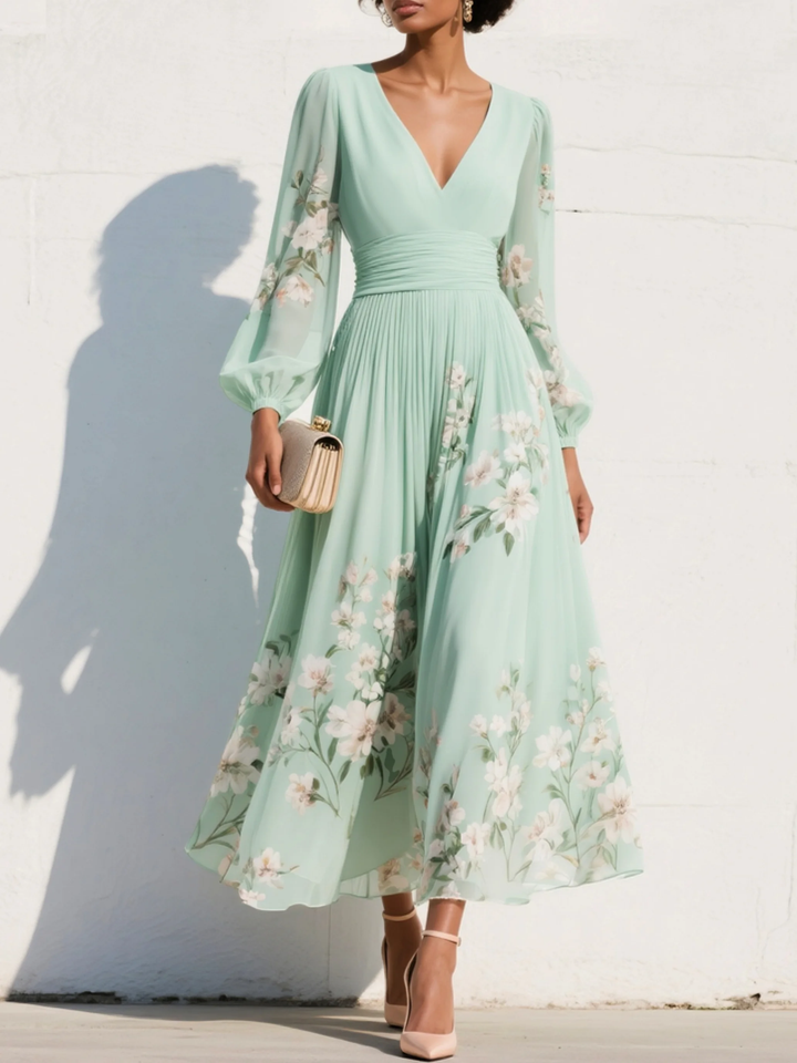 Merryl - Mint Green V-Neck Chiffon Midi Dress