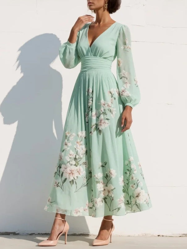 Merryl - Mint Green V-Neck Chiffon Midi Dress
