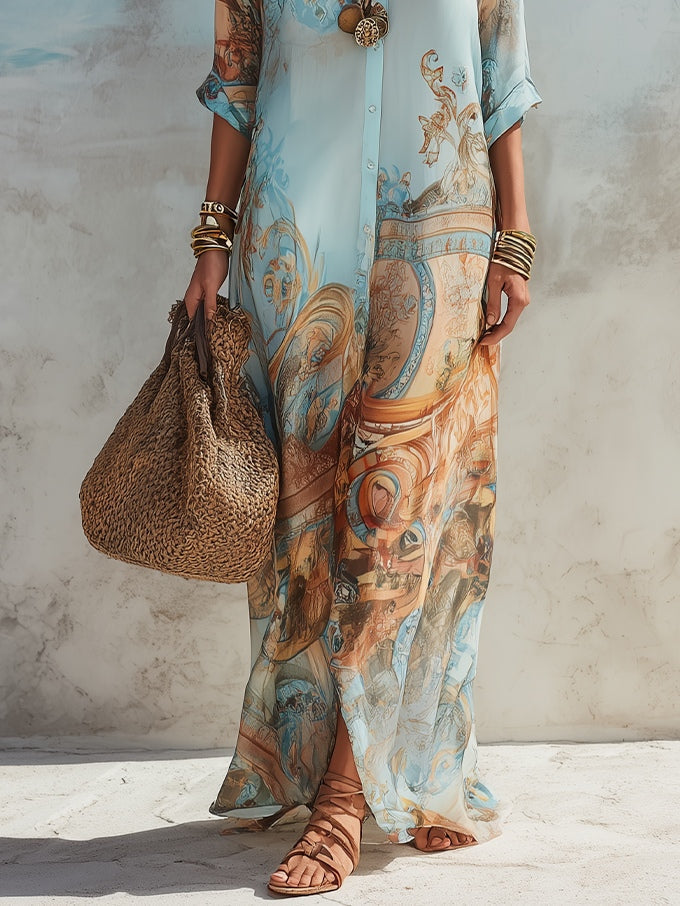 Ophelia - Mediterranean Striped Shirt Maxi Dress