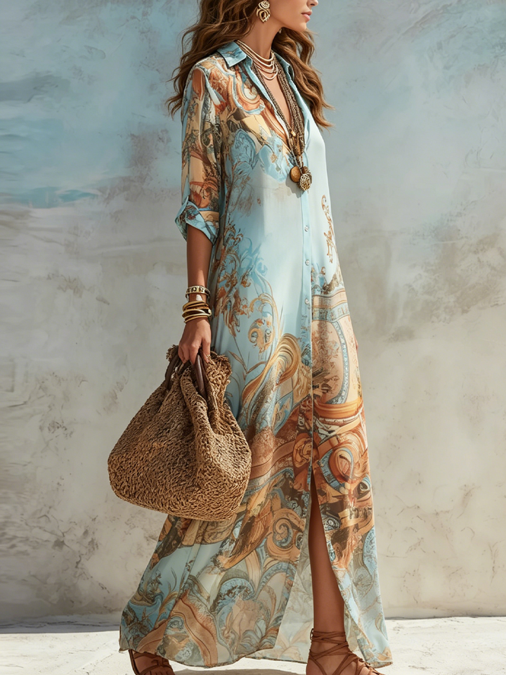 Ophelia - Mediterranean Striped Shirt Maxi Dress