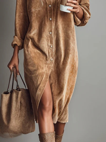 Margarette – Soft Corduroy Midi Dress with Button Closure