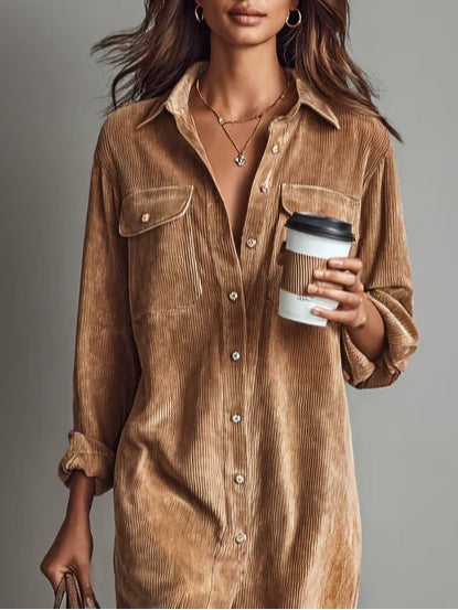 Margarette – Soft Corduroy Midi Dress with Button Closure