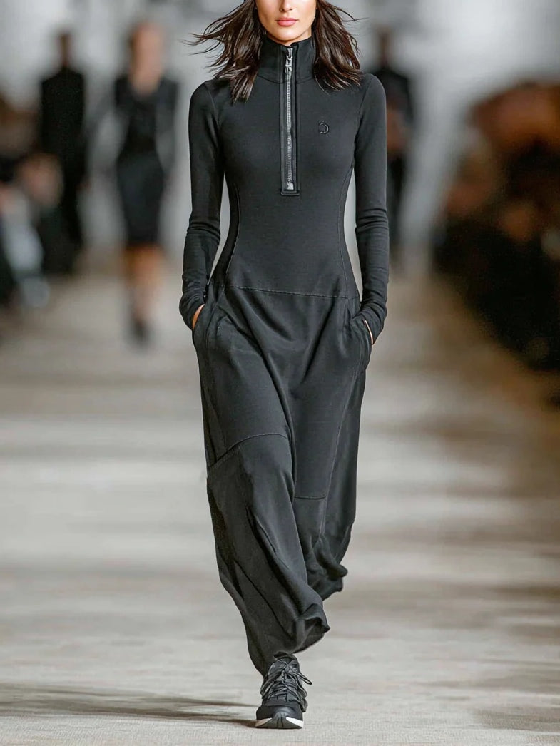 Anelie - Black Turtleneck Zip Maxi Dress