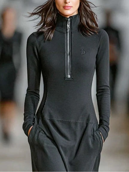 Anelie - Black Turtleneck Zip Maxi Dress