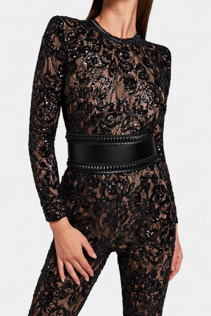 Jimena Corset-Belted Sequined Lace Jumpsuit