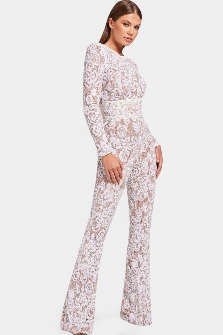 Jimena Corset-Belted Sequined Lace Jumpsuit