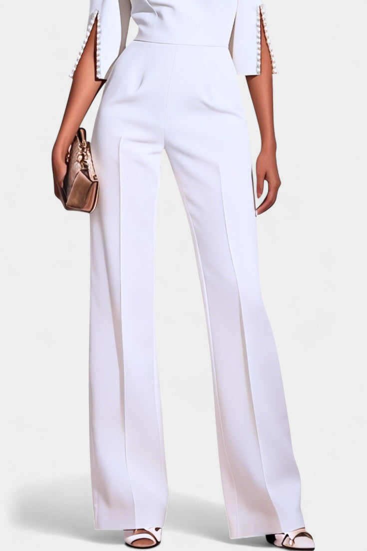 Chic Three-Quarter Sleeve Jumpsuit with Pearl Accents