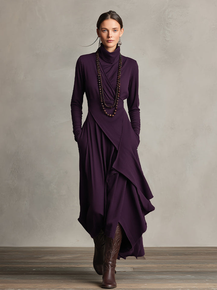 Carrie – Asymmetrical Knit Maxi Dress with Turtleneck