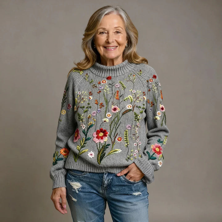 Loisa – Vintage Floral Roll Neck Knitted Sweater