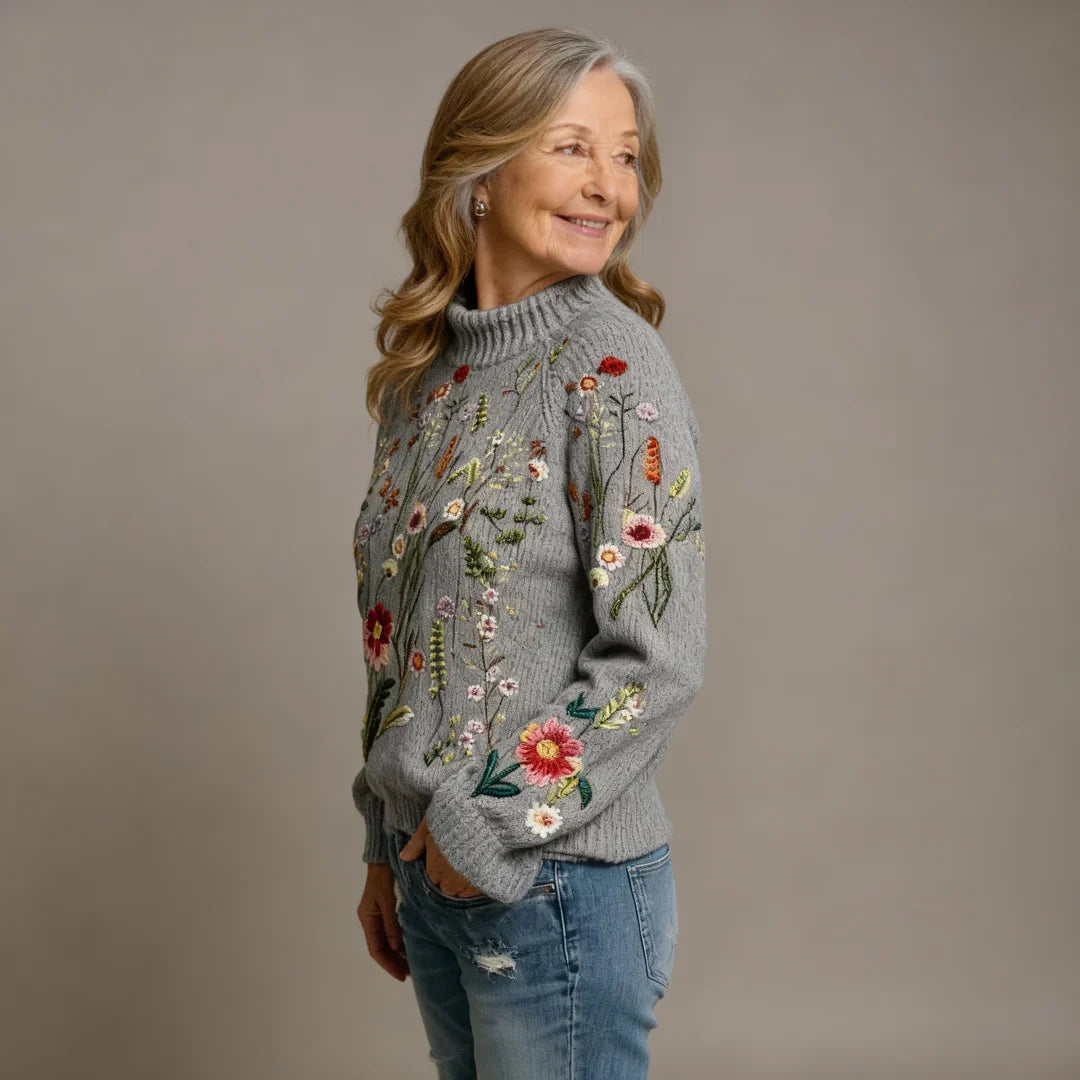 Loisa – Vintage Floral Roll Neck Knitted Sweater