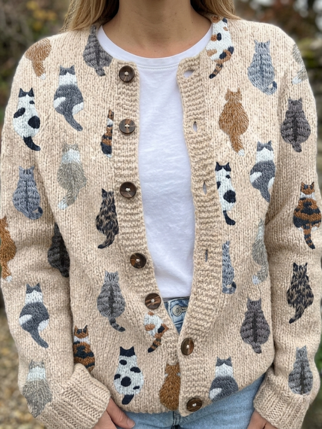 Ashy - Relaxed Cat Print Cardigan