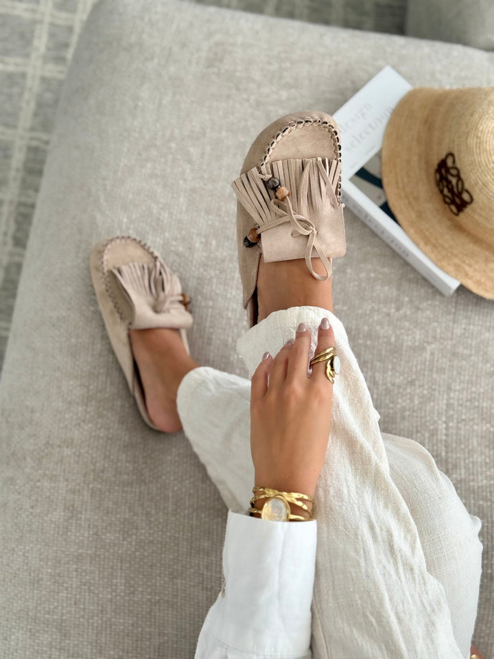 Hilda - Suede Fringe Slip-On Mules