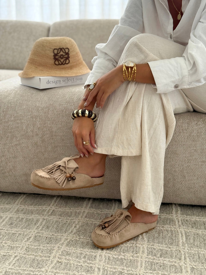Hilda - Suede Fringe Slip-On Mules