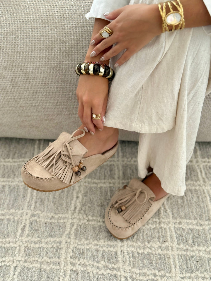 Hilda - Suede Fringe Slip-On Mules