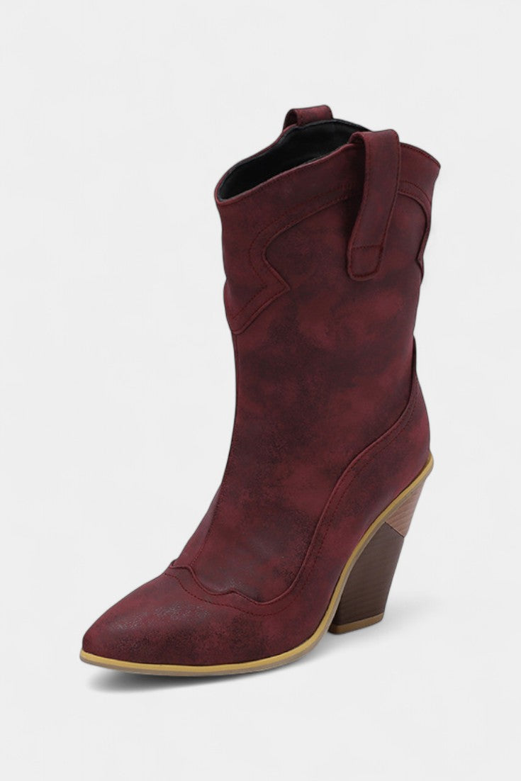 Soft Leather Western Ankle Boot with Pointed Toe and Chunky Heel