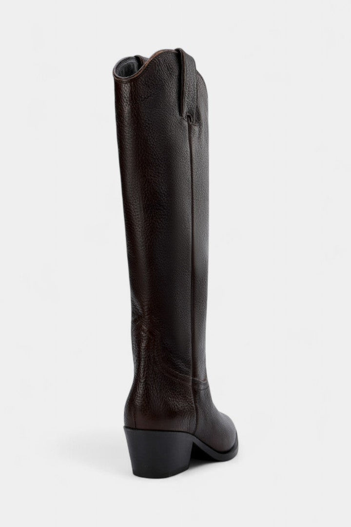 Icelle Brown Leather Equestrian Boots with Pointed Toe and Low Heel Design