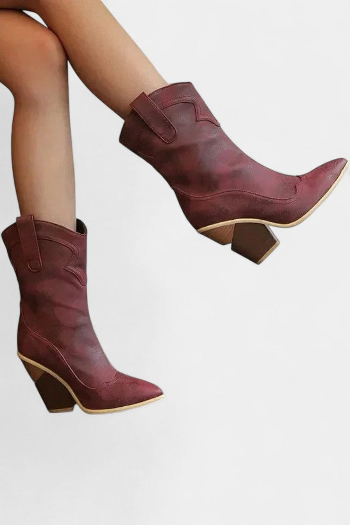Soft Leather Western Ankle Boot with Pointed Toe and Chunky Heel