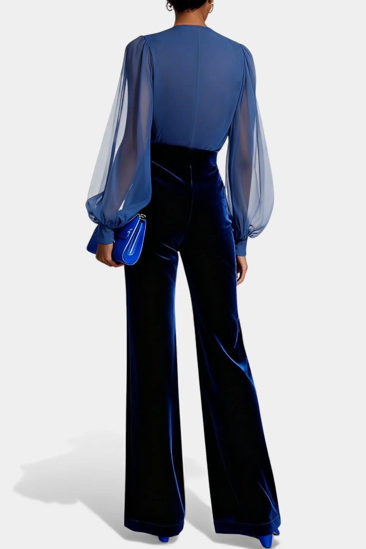 Mikaella V-Neck Blue Velvet Jumpsuit with Long Sleeves