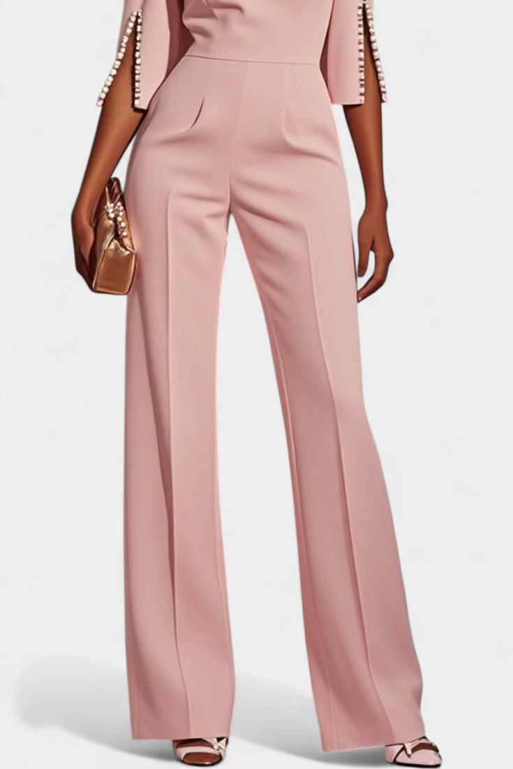 Chic Three-Quarter Sleeve Jumpsuit with Pearl Accents