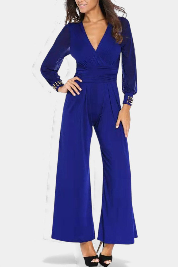 Élancia Chic Black Fluid Jumpsuit Featuring Sheer Sleeves