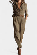 Cali Brown Checkered Tweed Jumpsuit with Adjustable Belt