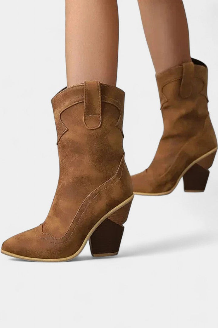 Soft Leather Western Ankle Boot with Pointed Toe and Chunky Heel