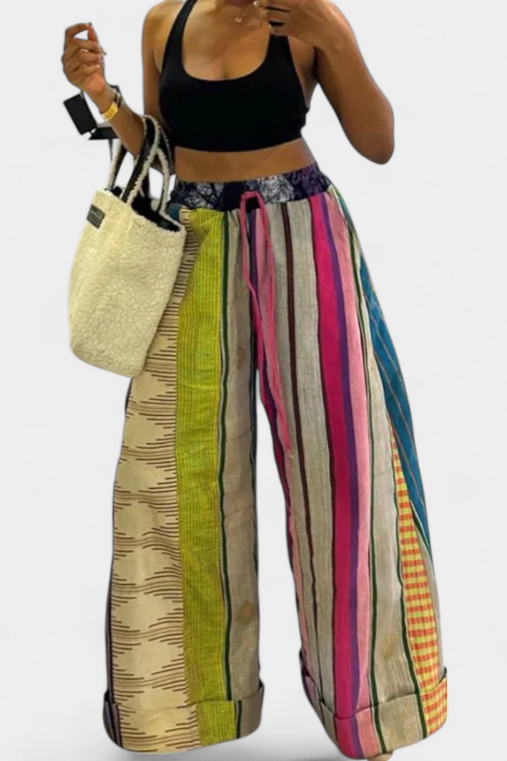 Claudine Striped Wide-Leg Trousers with Contrast Drawstring