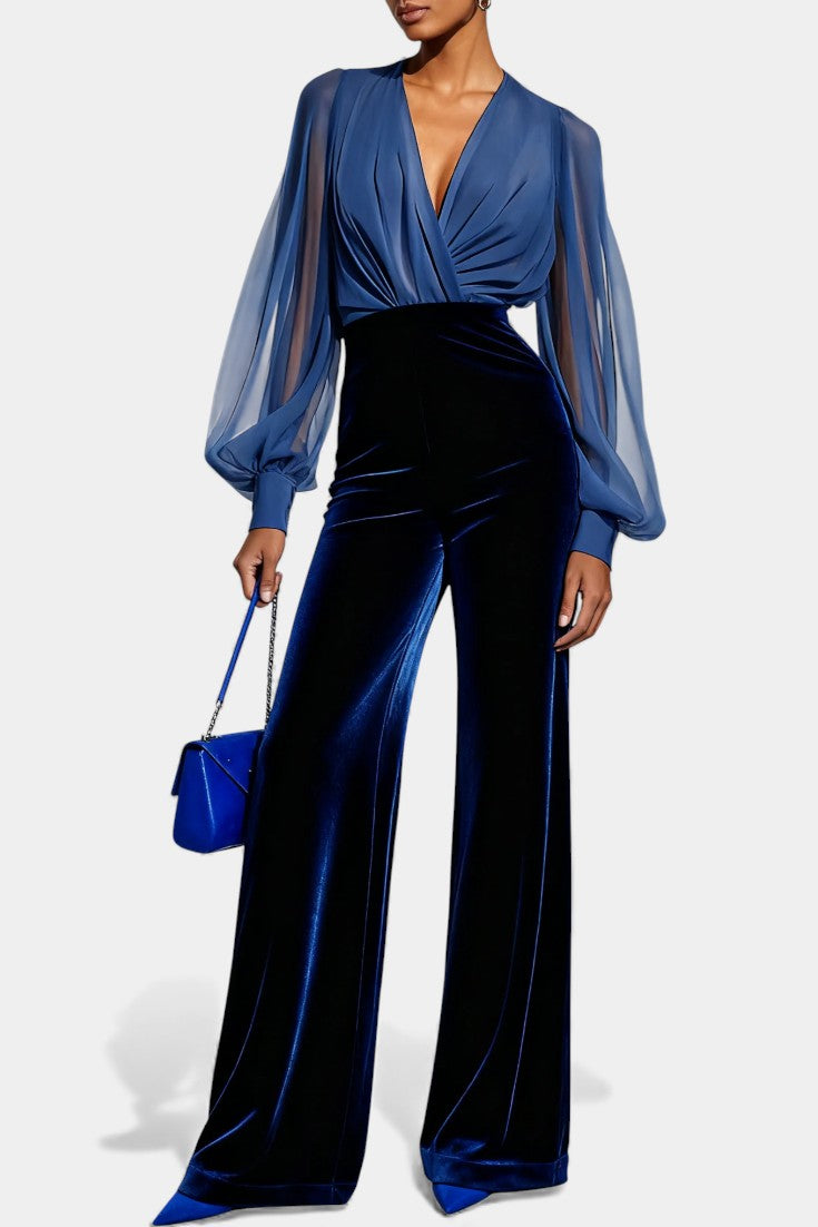 Mikaella V-Neck Blue Velvet Jumpsuit with Long Sleeves