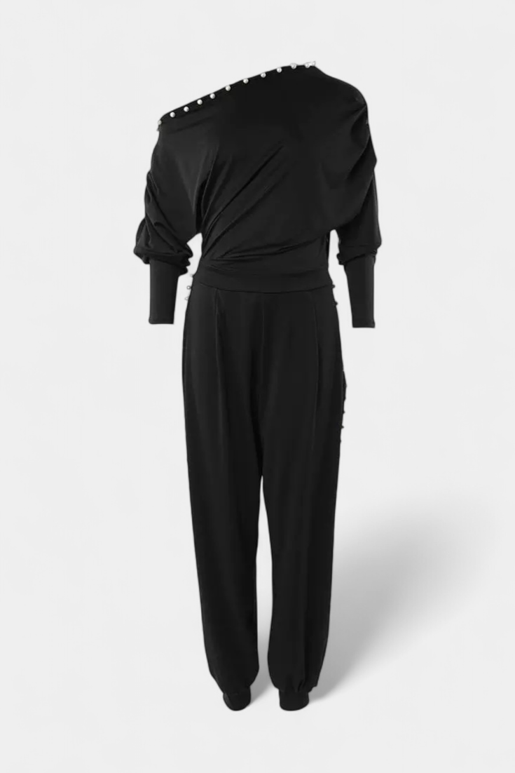 Asymmetrical Beaded Jumpsuit with Straight Leg Design
