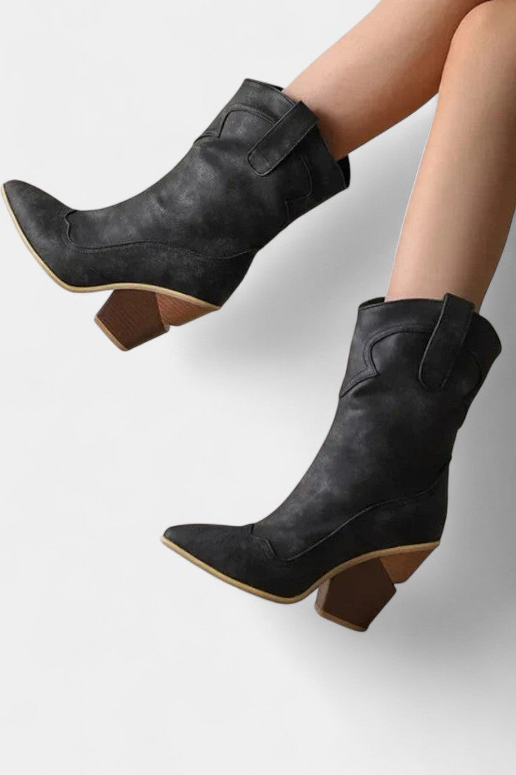 Soft Leather Western Ankle Boot with Pointed Toe and Chunky Heel