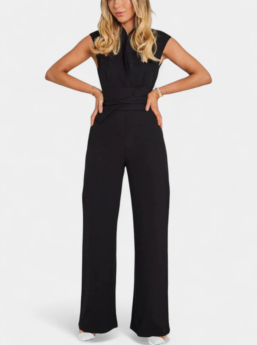 Leona High-Neck Sleeveless Jumpsuit with Flared Legs