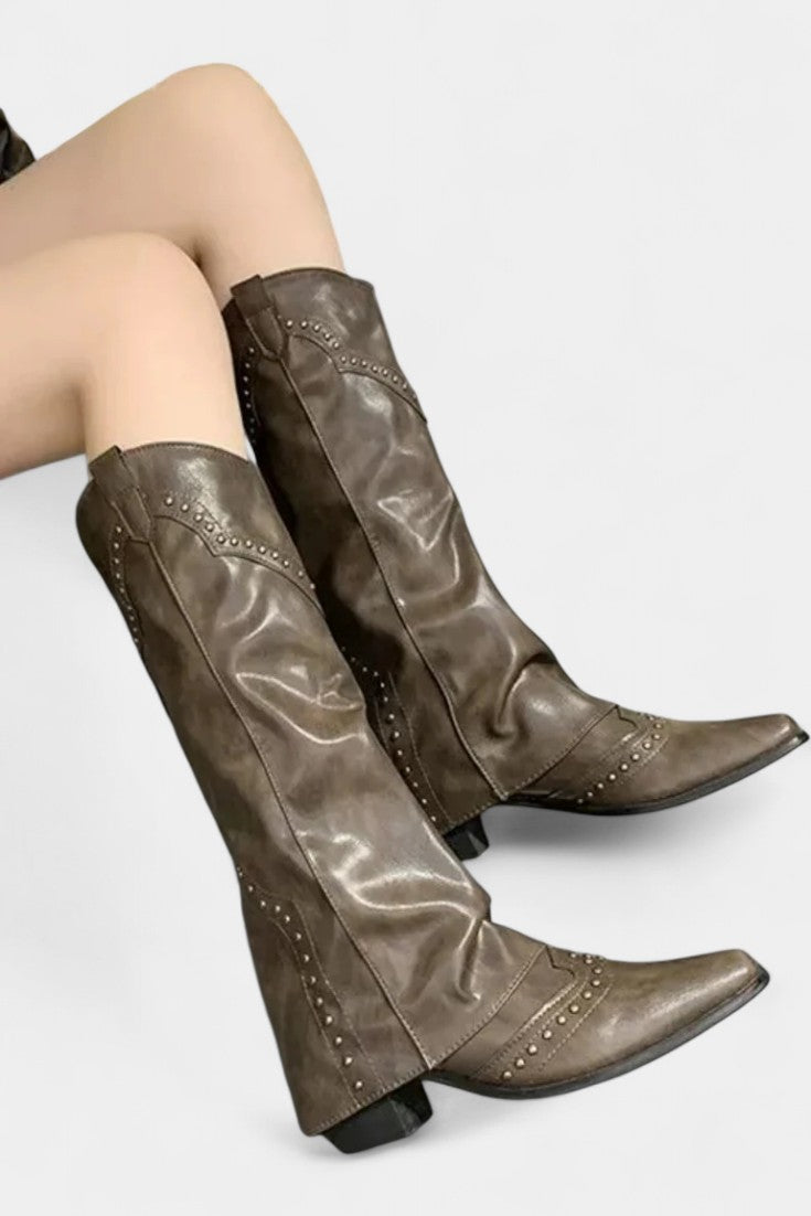 Faulen Pointed Toe High Heeled Boots with Vintage Metallic Accents